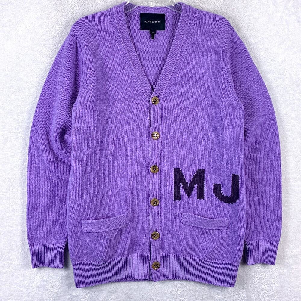 Marc Jacobs Sweater Womens XS Purple Big Cardigan Wool Preppy Collegiate Varsity